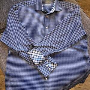 Thomas Dean L40111 Mens Blue Check Textured Cotton Long Sleeve Shirt Size Medium
